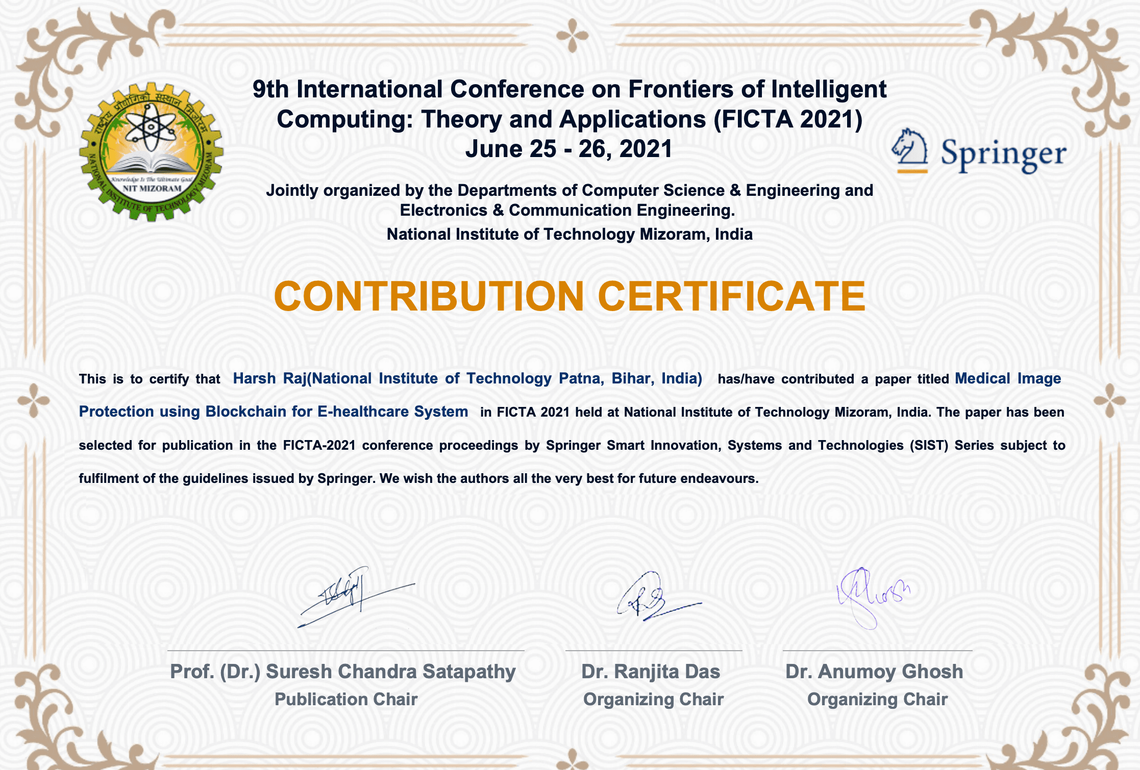 FICTA-2021 conference certificate